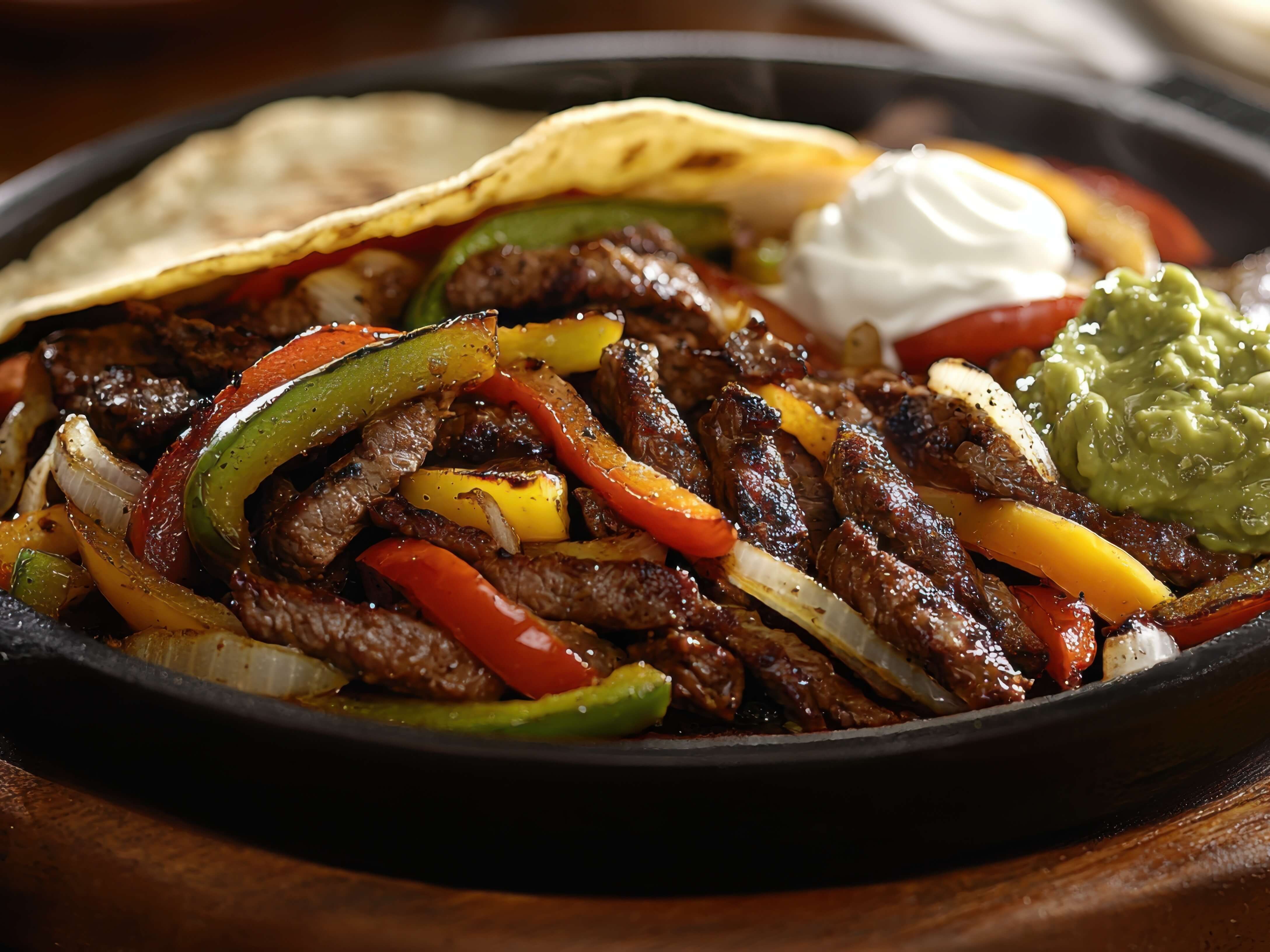 Skirt steak marinated in citrus and spices, cooked ripping hot until charred on the outside and pink in the middle, sliced thin against the grain. With peppers and onions that get their own char.