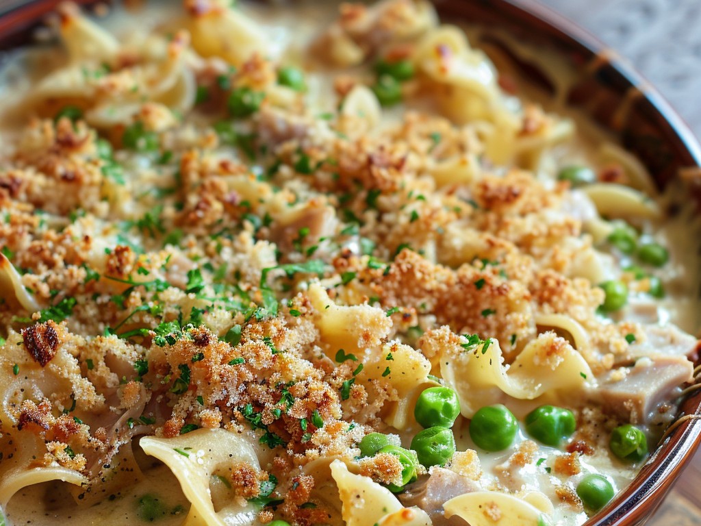 The ultimate comfort food casserole, made from scratch without canned soup. A béchamel sauce, canned albacore, egg noodles, peas, and a buttery breadcrumb topping that shatters.