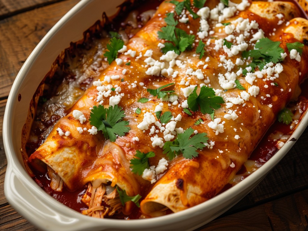 Corn tortillas dipped in a homemade red chile sauce, filled with shredded chicken and cotija, and baked until the edges crisp and the filling is hot all the way through. The sauce is everything.