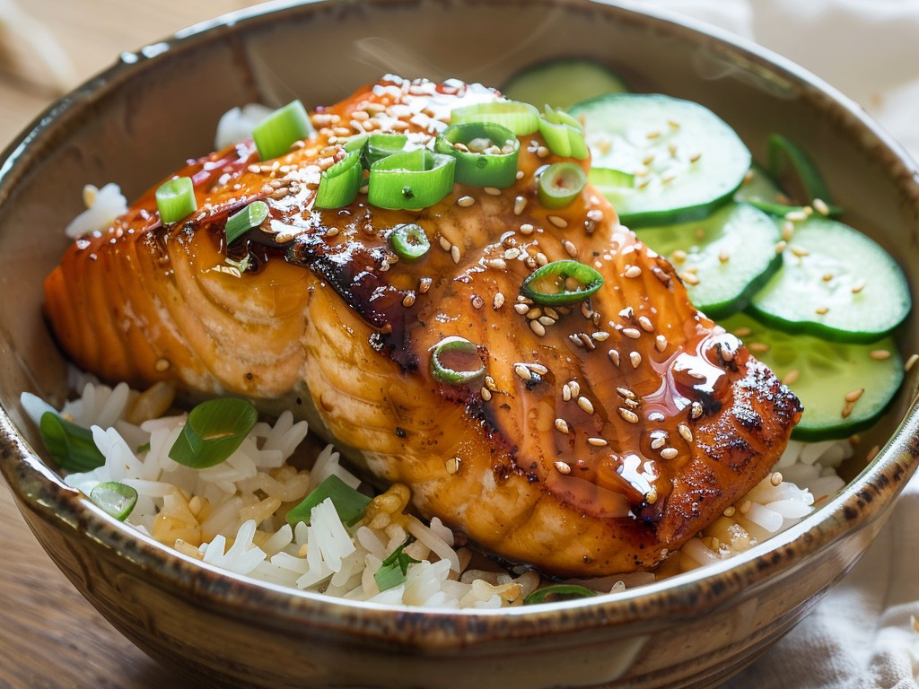 Salmon fillet coated in a honey-miso glaze and roasted at high heat until the top is caramelized and the center is still silky. Served over rice with a quick cucumber salad.