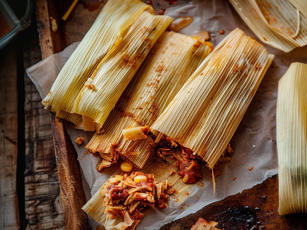 Masa spread on corn husks, filled with chile-braised pork, folded and steamed for two hours. This is an all-day project and a labor of love. Better with a crowd and music in the kitchen.