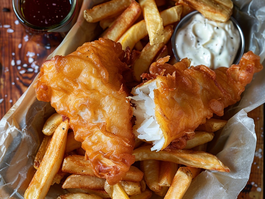 Thick-cut cod in a beer batter that stays impossibly crispy alongside twice-cooked chip-shop chips. Served with malt vinegar and homemade tartar sauce. The real British version.