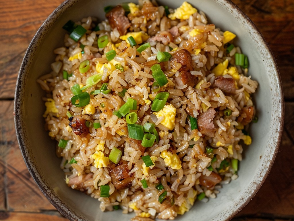 Day-old rice, high heat, wok hei — the breath of the wok. Eggs scrambled in separately, char siu pork, scallions, soy sauce, and oyster sauce. The heat is the technique.