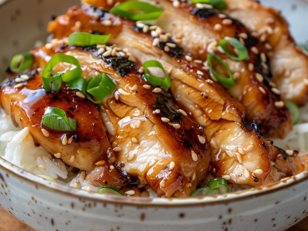 Boneless chicken thighs in a homemade teriyaki glaze — soy, mirin, sake, and sugar reduced until it lacquers the chicken and caramelizes under the broiler. Served over steamed rice with sesame and scallions.