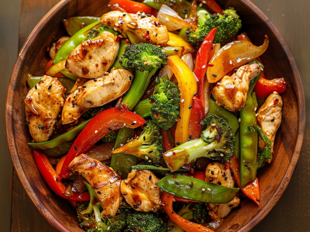 Thin-sliced chicken breast with a rainbow of vegetables in a savory ginger-garlic sauce. The trick is high heat and not overcrowding the pan. Ready in 15 minutes and better than any takeout.
