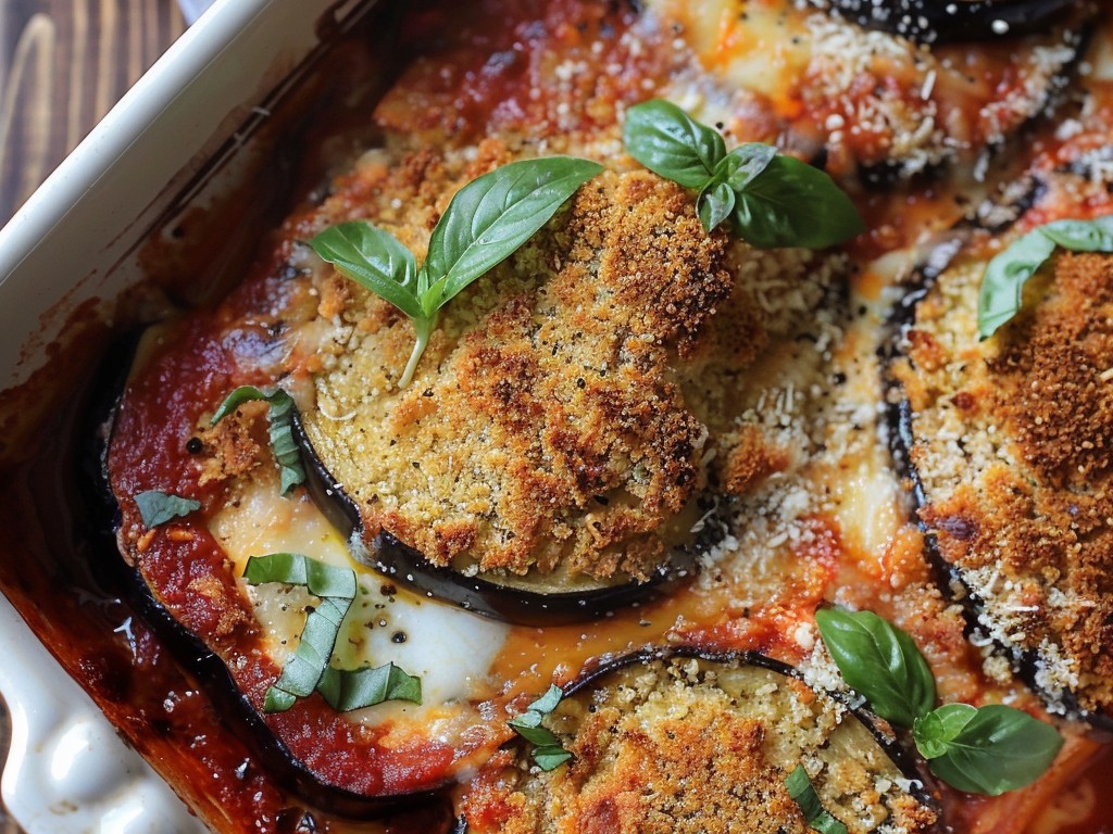 Eggplant sliced thick, salted and pressed, breaded in seasoned breadcrumbs, fried until golden, and layered with San Marzano tomato sauce and fresh mozzarella. The vegetarian main that nobody feels like they are missing something.
