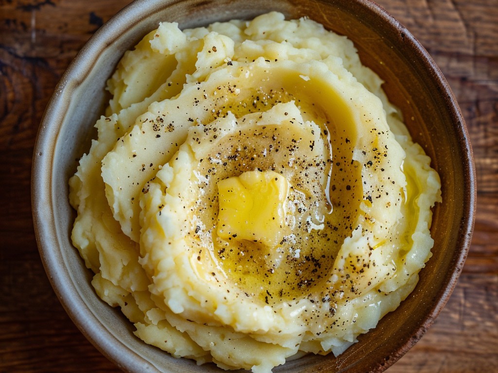 Yukon Golds riced while hot, beaten with obscene amounts of warm butter and cream. Seasoned heavily. The goal is potatoes that are more butter than potato. Robuchon taught us this.
