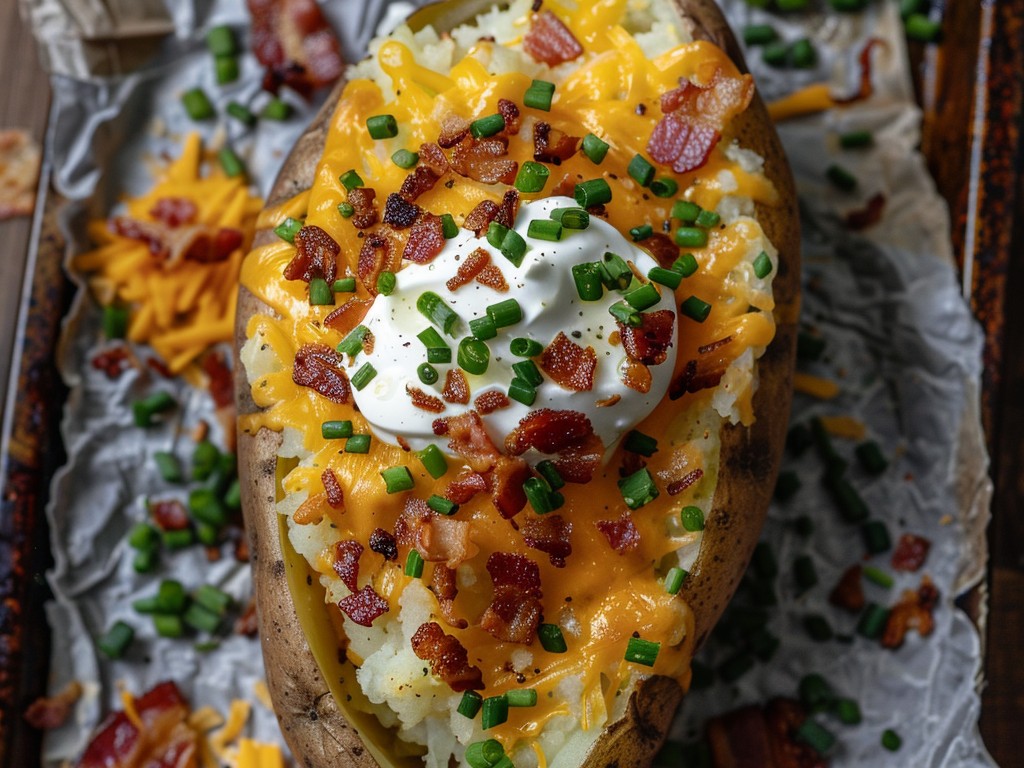 A giant russet potato baked until the skin crackles and the inside is fluffy and steaming. Loaded with sour cream, sharp cheddar, bacon, chives, and butter. A meal by itself.