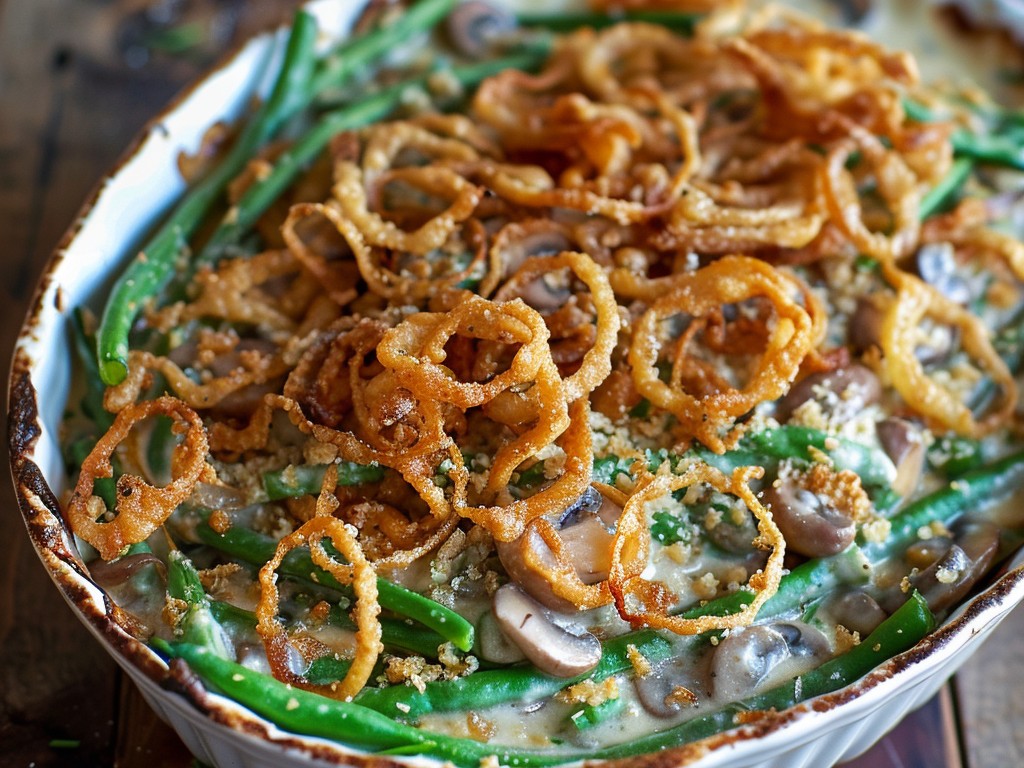 From scratch — no canned soup. Fresh green beans, homemade mushroom cream sauce, and homemade crispy onions. Everything the original wants to be but more so.