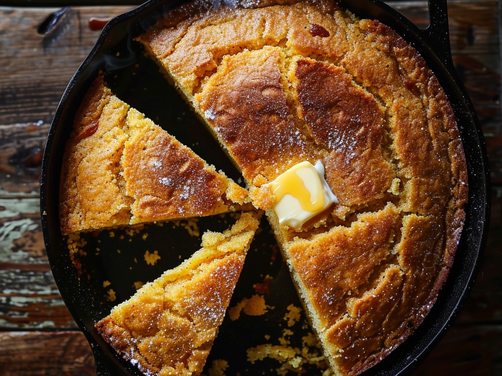 Cast iron skillet cornbread with a crunchy bottom from the hot butter poured in before the batter. Tender inside, crackly outside, slightly sweet, and essential with any bowl of chili.