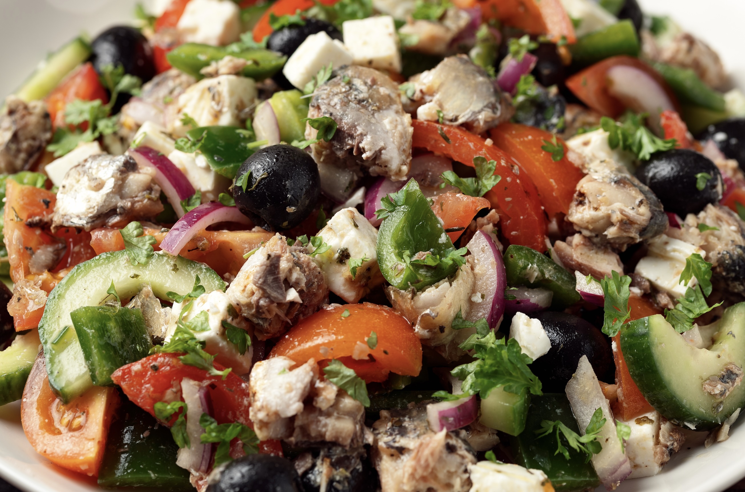 Fresh, bright, and light. Flaky sardines tossed with crisp cucumbers, tomatoes, and olives. A fast, healthy lunch packed with flavor.