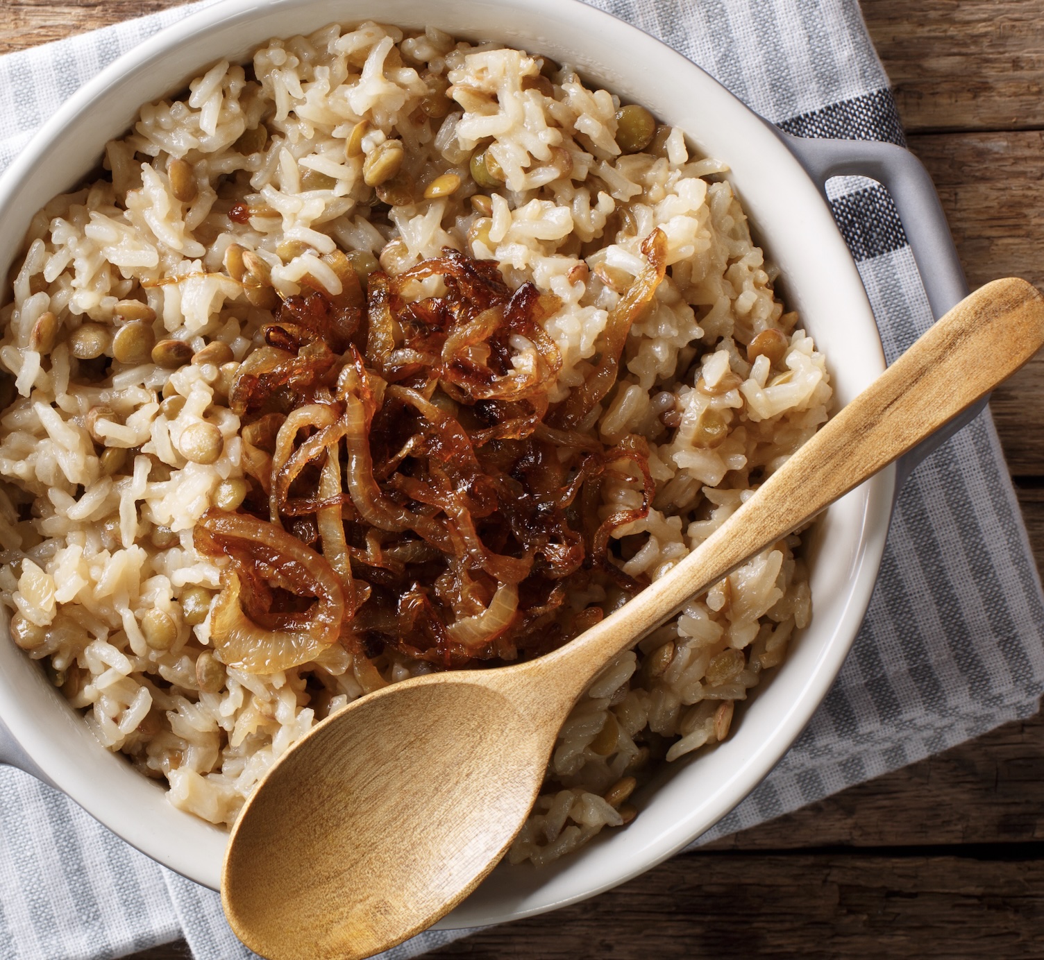A comforting, healthy dish of lentils, rice, and caramelized onions. Simple, hearty, and full of earthy, warm spices.