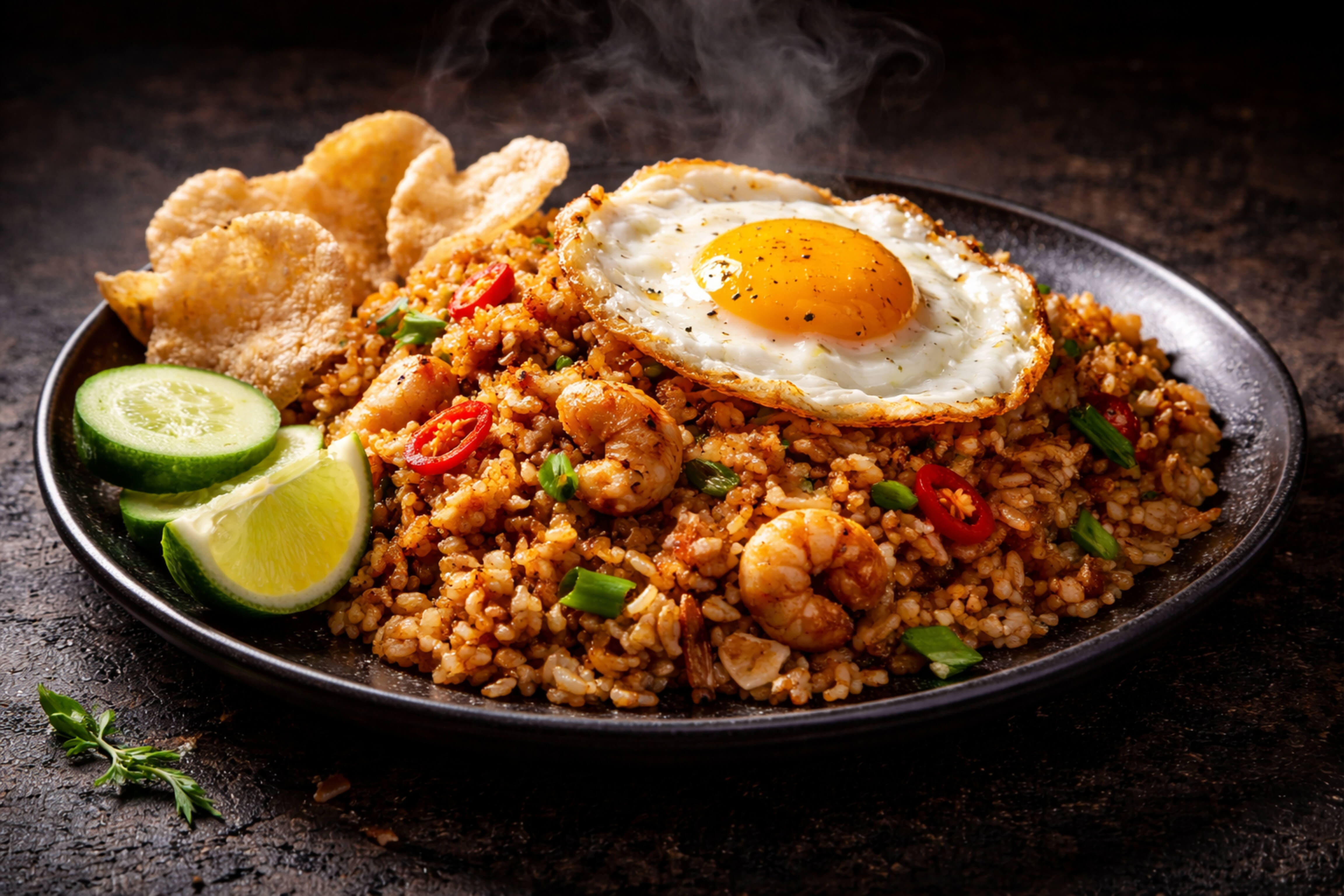 Nasi Goreng is Indonesia’s beloved fried rice—deep, savory, and slightly smoky with a signature sweetness from kecap manis (sweet soy sauce). It’s typically made with leftover rice and quickly stir-fried with garlic, shallots, and chili.