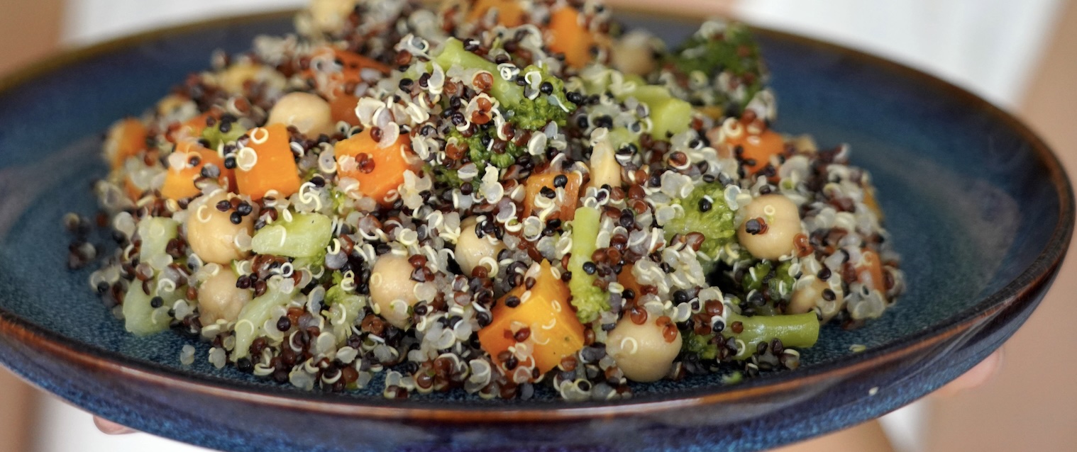 Healthy, filling, and versatile. A rainbow of roasted veggies and protein-packed quinoa topped with a creamy tahini drizzle. Use whatever veggies you have around the house. No tahini? No problem. Still a perfect bite with just the oil and lemon (and salt!))