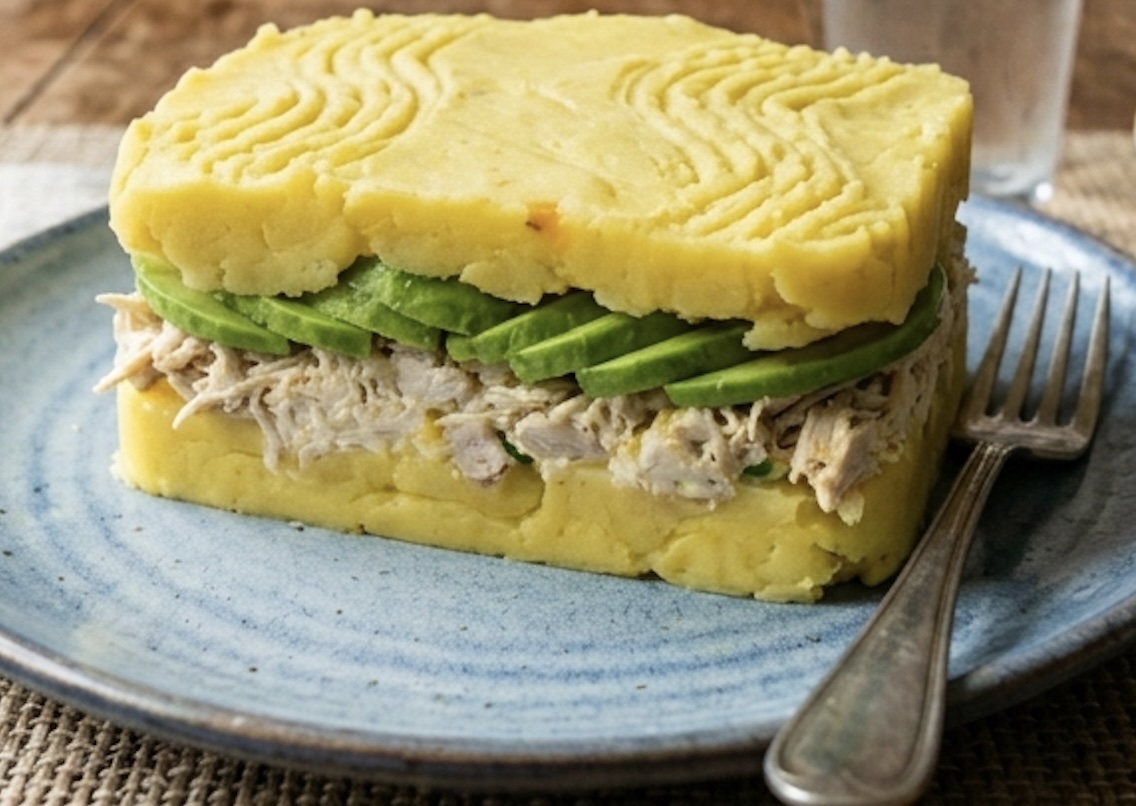 A stunning and hearty layered potato terrine with lime, avocado, and chicken salad. Cold, creamy, and visually impressive.