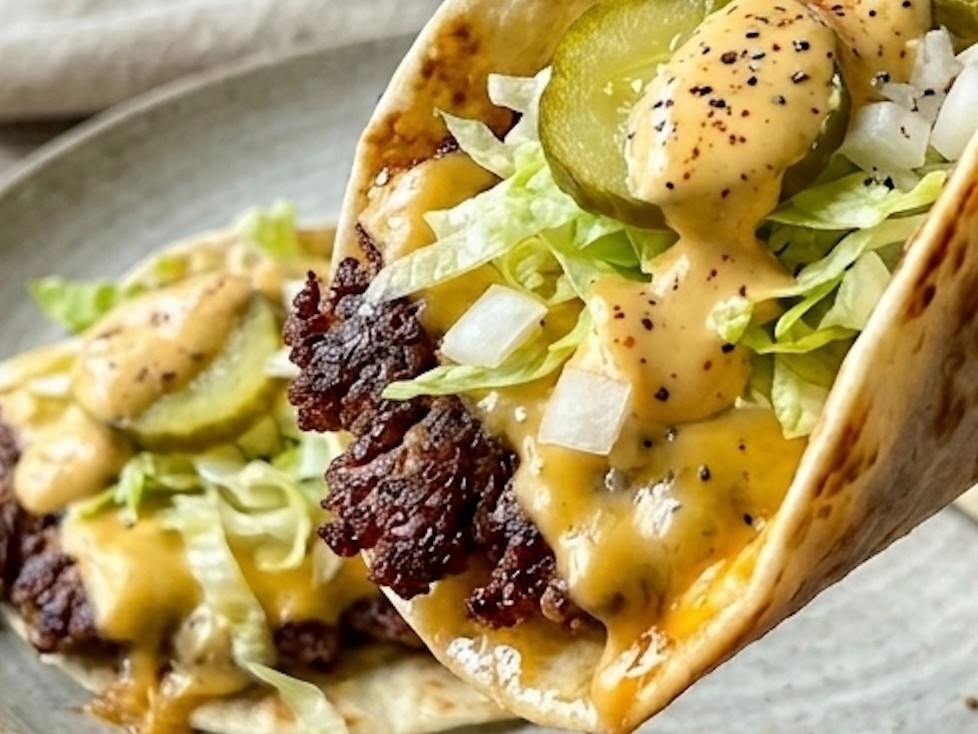 Smash Burger Taco
The ultimate fusion! Juicy beef smashed thin onto a tortilla, seared until crispy, and topped with melty cheese and a zingy burger sauce.